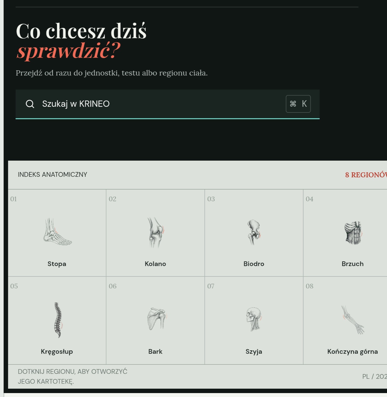 Ekran główny KRINEO: indeks anatomiczny z ośmioma regionami ciała